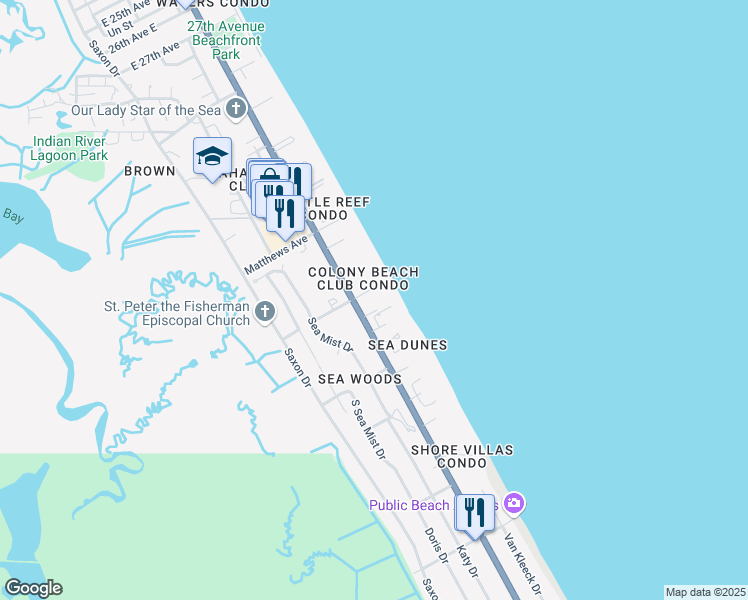 map of restaurants, bars, coffee shops, grocery stores, and more near 4301 South Atlantic Avenue in New Smyrna Beach
