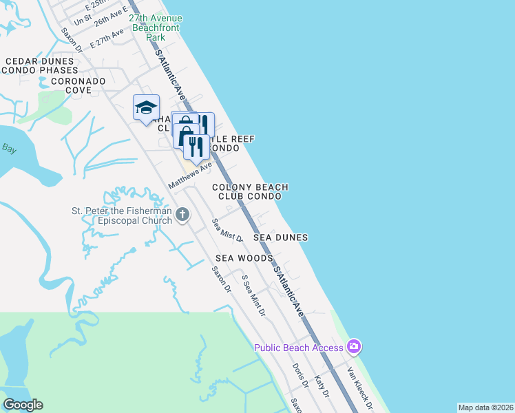 map of restaurants, bars, coffee shops, grocery stores, and more near 4225 South Atlantic Avenue in New Smyrna Beach
