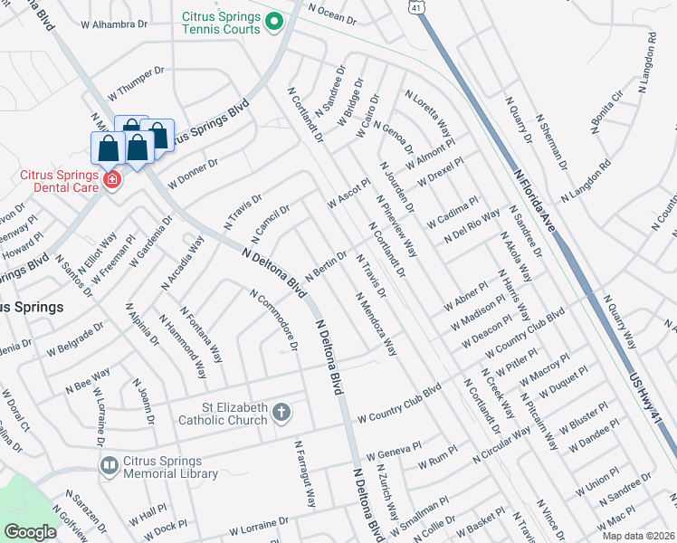 map of restaurants, bars, coffee shops, grocery stores, and more near 9319 North Mendoza Way in Citrus Springs
