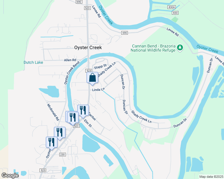 map of restaurants, bars, coffee shops, grocery stores, and more near 134 Linda Lane in Oyster Creek