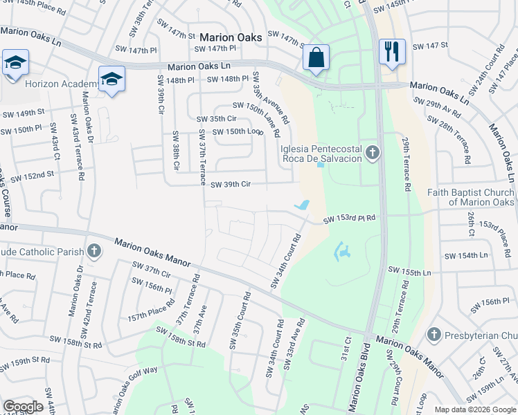 map of restaurants, bars, coffee shops, grocery stores, and more near 15200 Southwest 39th Circle in Ocala