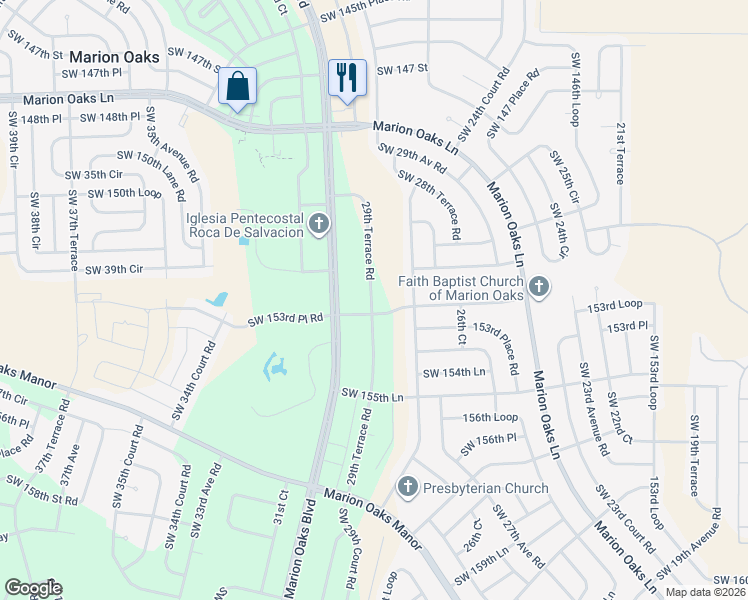 map of restaurants, bars, coffee shops, grocery stores, and more near 29th Terrace Road in Ocala