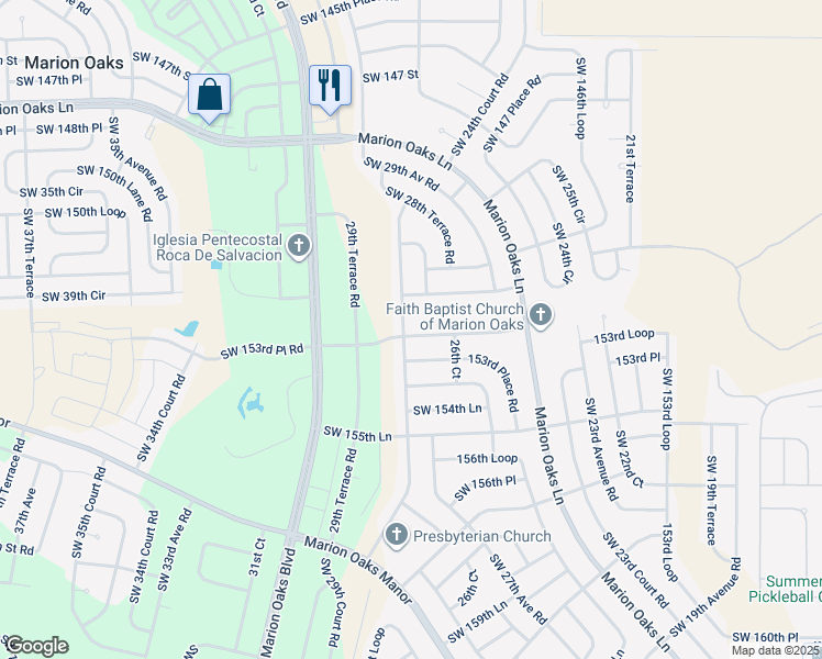 map of restaurants, bars, coffee shops, grocery stores, and more near 2761 Southwest 153rd Lane in Ocala
