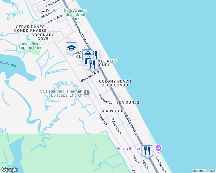map of restaurants, bars, coffee shops, grocery stores, and more near 878 Baybreeze Way in New Smyrna Beach