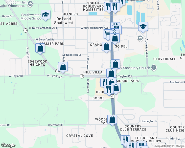map of restaurants, bars, coffee shops, grocery stores, and more near 271 East Taylor Road in DeLand