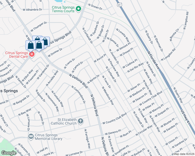 map of restaurants, bars, coffee shops, grocery stores, and more near 9319 North Mendoza Way in Citrus Springs