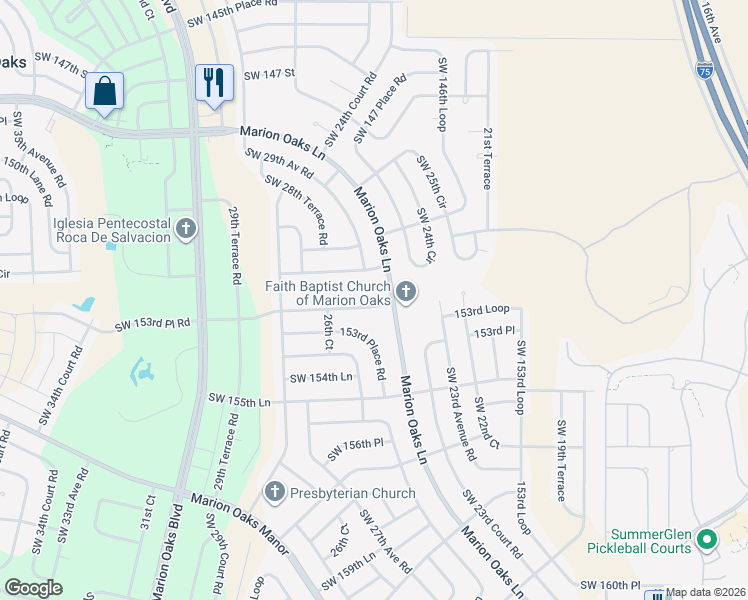 map of restaurants, bars, coffee shops, grocery stores, and more near 2515 Southwest 153rd Lane in Ocala