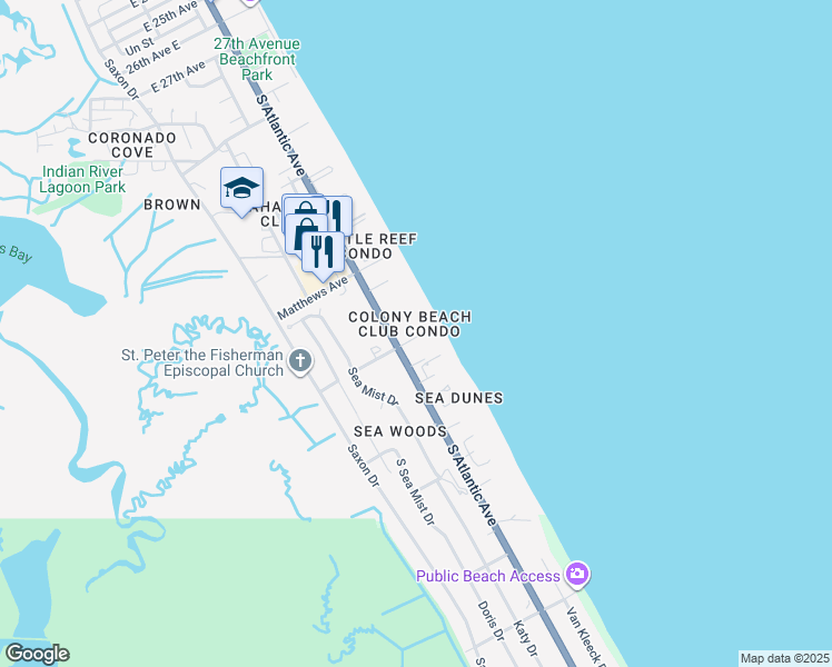 map of restaurants, bars, coffee shops, grocery stores, and more near 4225 South Atlantic Avenue in New Smyrna Beach