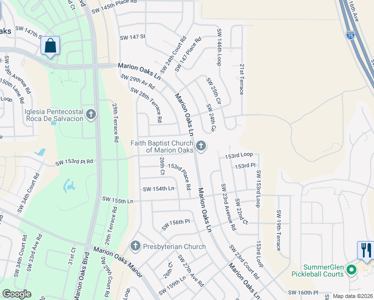 map of restaurants, bars, coffee shops, grocery stores, and more near 2515 Southwest 153rd Lane in Ocala