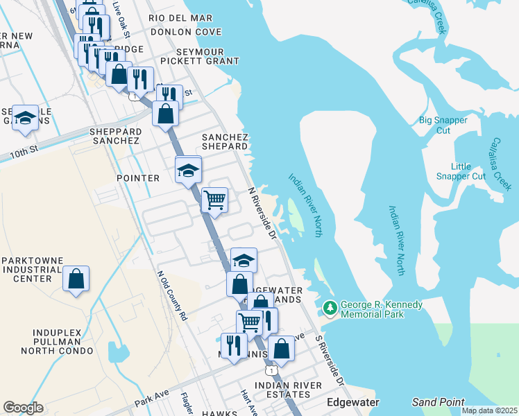 map of restaurants, bars, coffee shops, grocery stores, and more near 399 North Riverside Drive in Edgewater