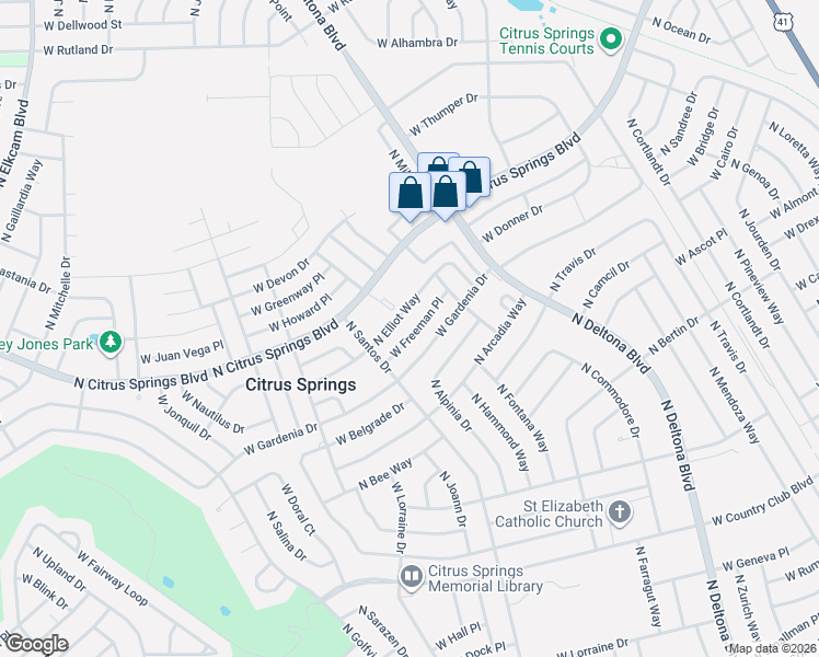 map of restaurants, bars, coffee shops, grocery stores, and more near 1869 West Freeman Place in Citrus Springs
