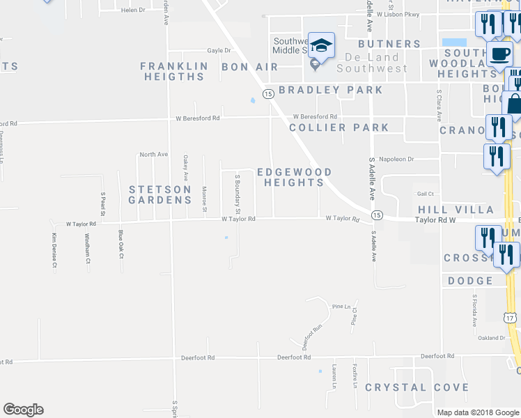 map of restaurants, bars, coffee shops, grocery stores, and more near 1578 South Elsasser Street in DeLand