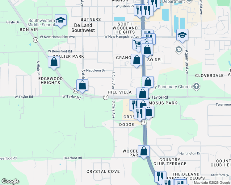 map of restaurants, bars, coffee shops, grocery stores, and more near 271 East Taylor Road in DeLand