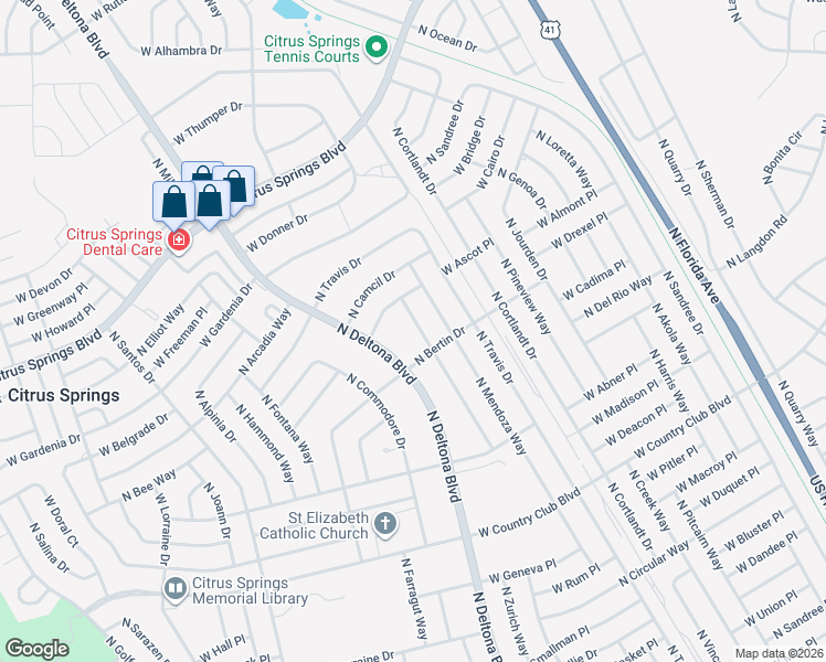 map of restaurants, bars, coffee shops, grocery stores, and more near 9335 North Peachtree Way in Citrus Springs