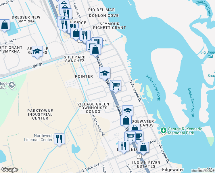map of restaurants, bars, coffee shops, grocery stores, and more near 402 North Ridgewood Avenue in Edgewater