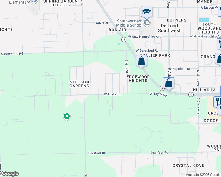 map of restaurants, bars, coffee shops, grocery stores, and more near 1571 South Boundary Street in DeLand