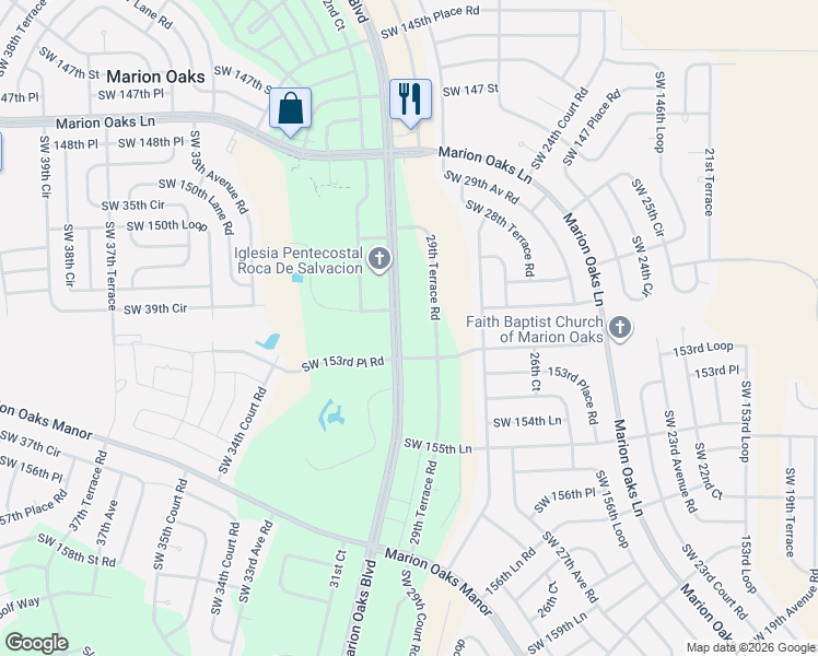 map of restaurants, bars, coffee shops, grocery stores, and more near 15050 29th Terrace Road in Ocala