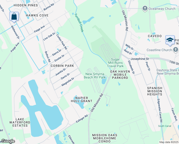 map of restaurants, bars, coffee shops, grocery stores, and more near 1300 Old Mission Road in New Smyrna Beach