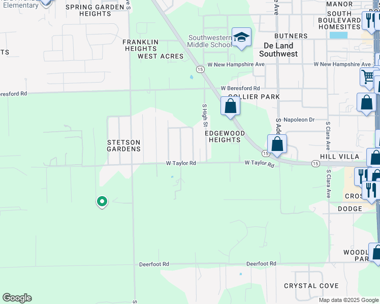 map of restaurants, bars, coffee shops, grocery stores, and more near 1578 South Elsasser Street in DeLand