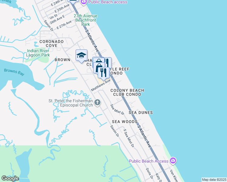 map of restaurants, bars, coffee shops, grocery stores, and more near 878 Baybreeze Way in New Smyrna Beach