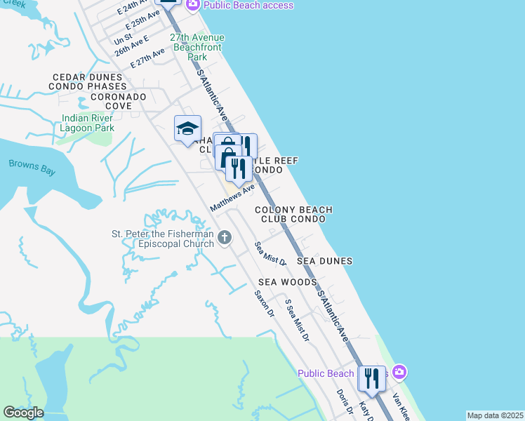 map of restaurants, bars, coffee shops, grocery stores, and more near 878 Baybreeze Way in New Smyrna Beach