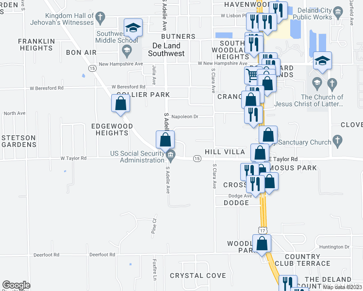 map of restaurants, bars, coffee shops, grocery stores, and more near 372 Heritage Estates Lane in DeLand