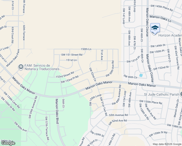 map of restaurants, bars, coffee shops, grocery stores, and more near 15338 Southwest 52nd Circle in Ocala