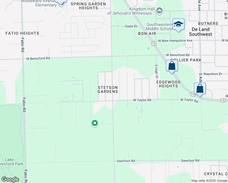 map of restaurants, bars, coffee shops, grocery stores, and more near 1641 South Spring Garden Avenue in DeLand
