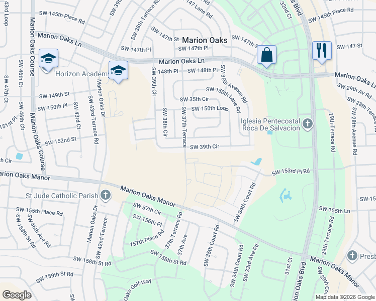 map of restaurants, bars, coffee shops, grocery stores, and more near 15080 Southwest 39th Circle in Ocala