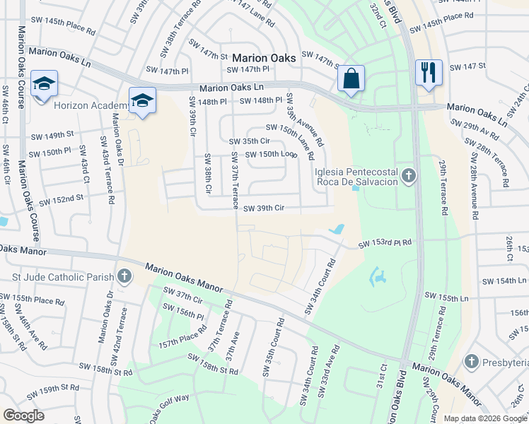 map of restaurants, bars, coffee shops, grocery stores, and more near 15140 Southwest 39th Circle in Ocala