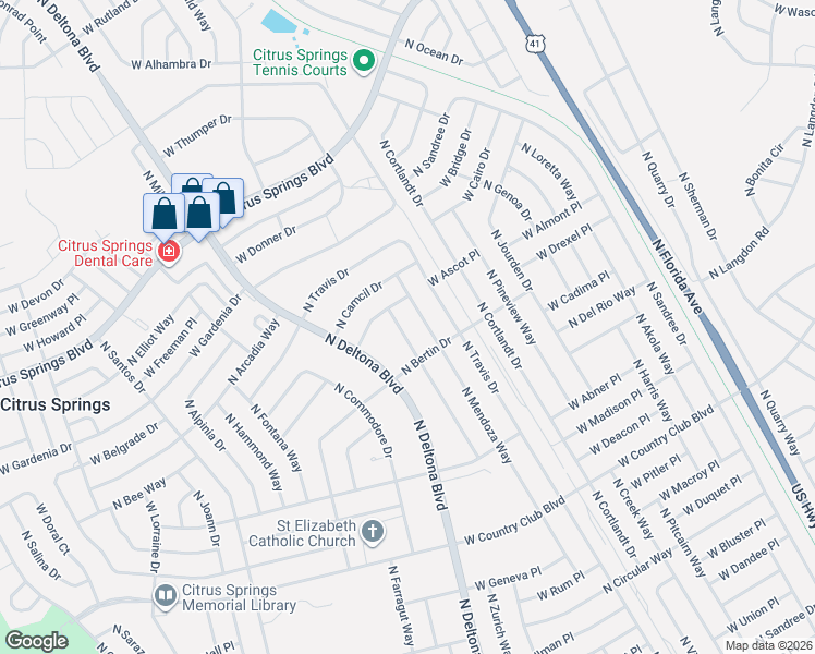 map of restaurants, bars, coffee shops, grocery stores, and more near 9335 North Peachtree Way in Citrus Springs