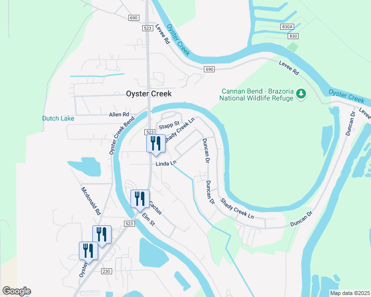 map of restaurants, bars, coffee shops, grocery stores, and more near 134 Linda Lane in Oyster Creek