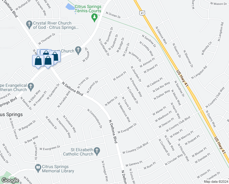 map of restaurants, bars, coffee shops, grocery stores, and more near 9371 North Mendoza Way in Citrus Springs