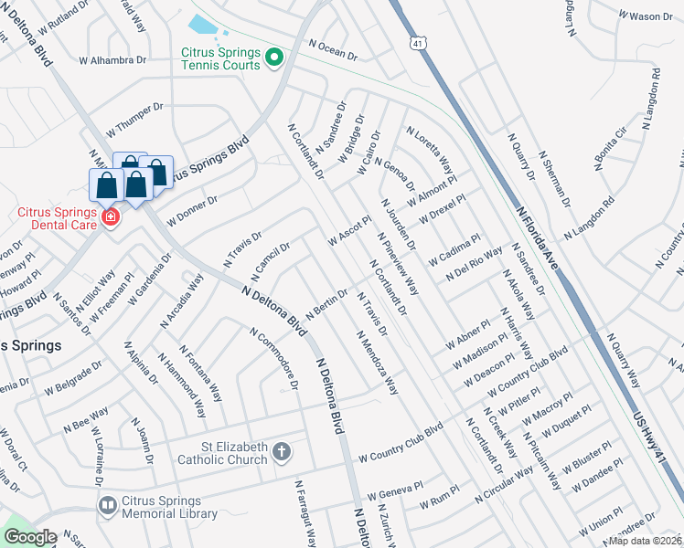 map of restaurants, bars, coffee shops, grocery stores, and more near 9435 North Travis Drive in Citrus Springs
