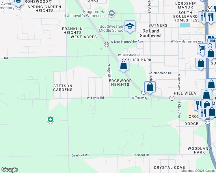 map of restaurants, bars, coffee shops, grocery stores, and more near 1550 South Elsasser Street in DeLand