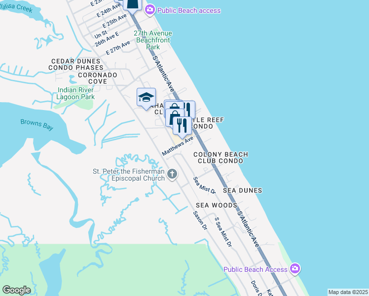 map of restaurants, bars, coffee shops, grocery stores, and more near 4233 Sea Mist Drive in New Smyrna Beach