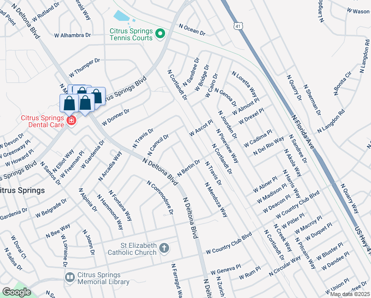 map of restaurants, bars, coffee shops, grocery stores, and more near 9443 North Mendoza Way in Citrus Springs