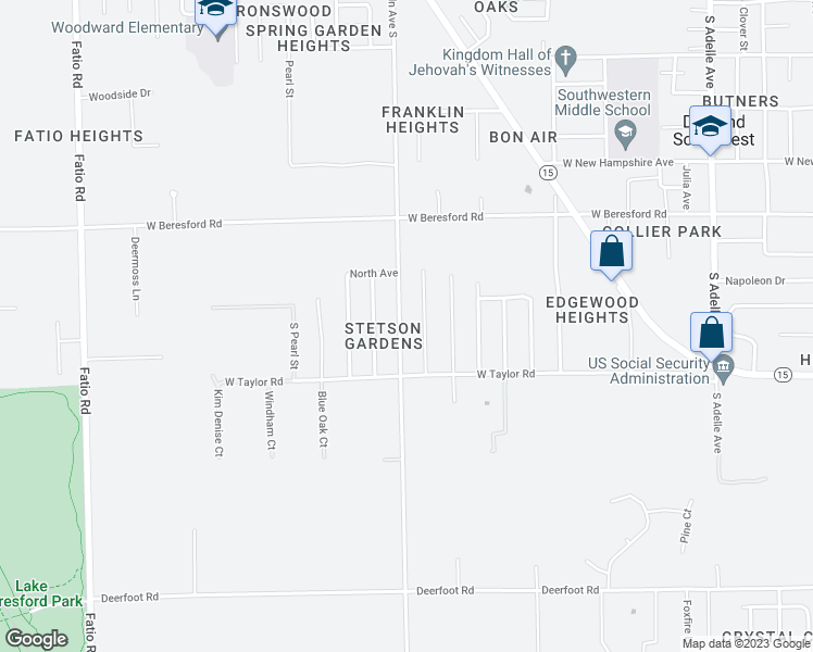 map of restaurants, bars, coffee shops, grocery stores, and more near 1609 South Spring Garden Avenue in DeLand