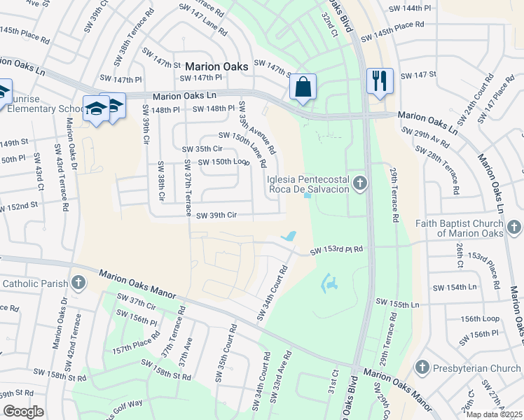 map of restaurants, bars, coffee shops, grocery stores, and more near 3370 Southwest 150th Lane Road in Ocala