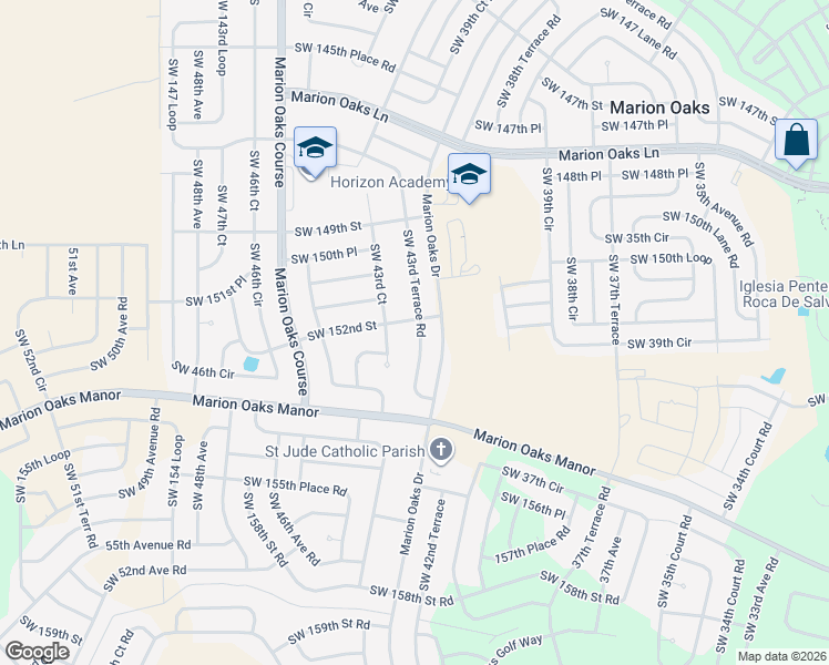map of restaurants, bars, coffee shops, grocery stores, and more near 15201 Southwest 43rd Terrace Road in Ocala