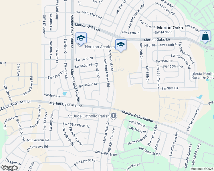 map of restaurants, bars, coffee shops, grocery stores, and more near 15201 Southwest 43rd Terrace Road in Ocala