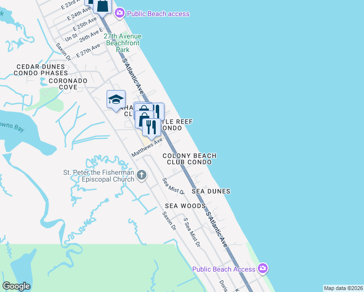 map of restaurants, bars, coffee shops, grocery stores, and more near 4207 South Atlantic Avenue in New Smyrna Beach