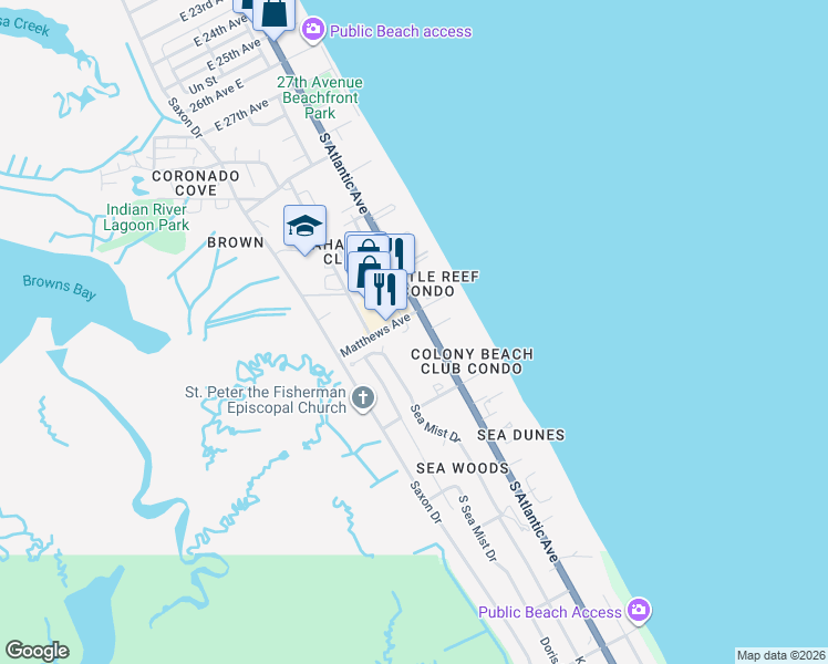 map of restaurants, bars, coffee shops, grocery stores, and more near 881 Windover Court in New Smyrna Beach
