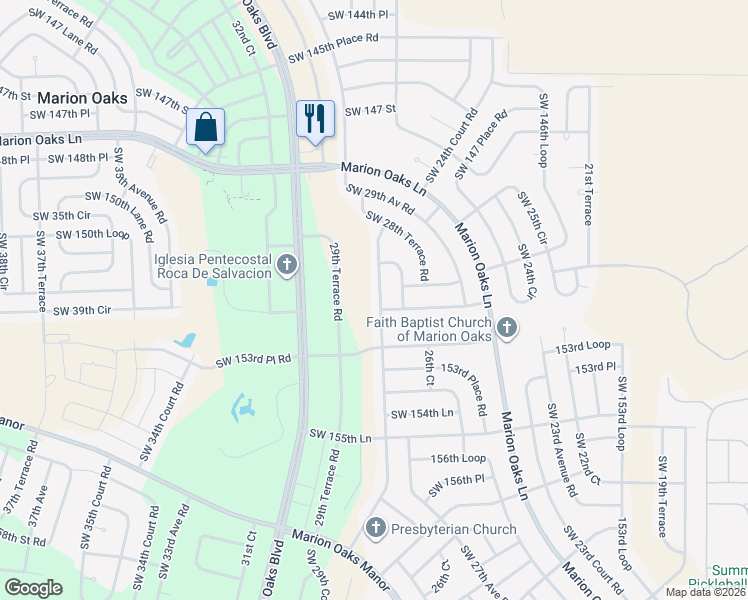 map of restaurants, bars, coffee shops, grocery stores, and more near 15228 Southwest 28th Avenue Road in Ocala
