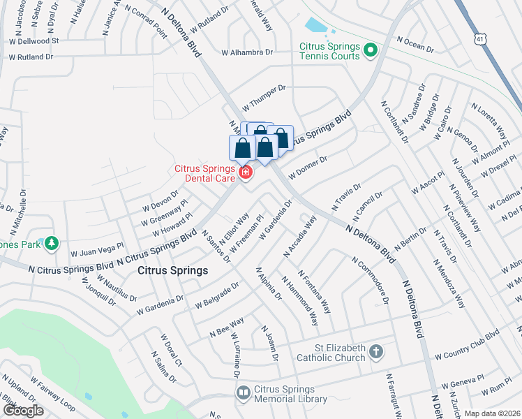 map of restaurants, bars, coffee shops, grocery stores, and more near 9459-9483 North Elliot Way in Citrus Springs