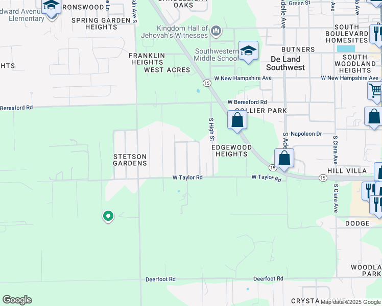 map of restaurants, bars, coffee shops, grocery stores, and more near 1519 South Boundary Street in DeLand