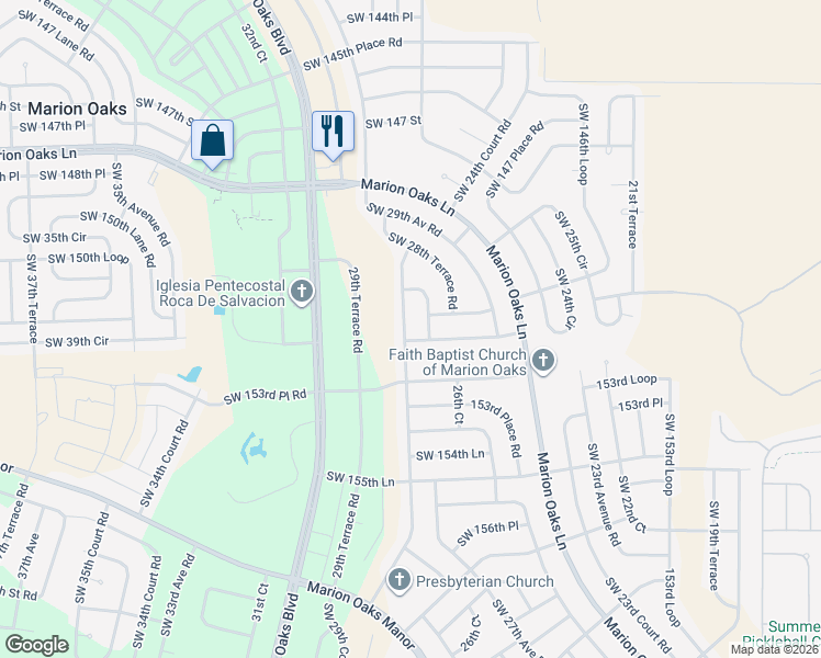 map of restaurants, bars, coffee shops, grocery stores, and more near 15195 Southwest 28th Avenue Road in Ocala