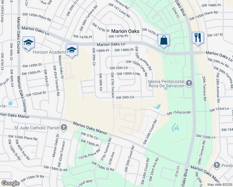 map of restaurants, bars, coffee shops, grocery stores, and more near 15074 Southwest 38th Circle in Ocala