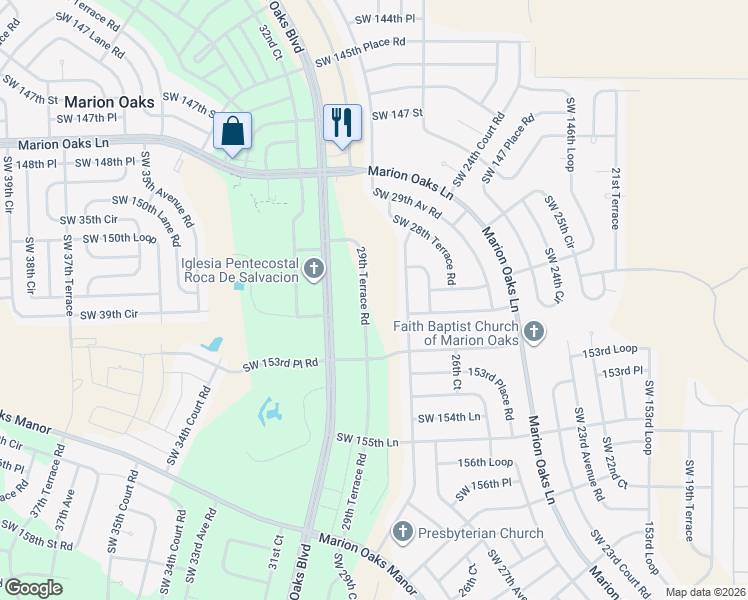 map of restaurants, bars, coffee shops, grocery stores, and more near 15228 Southwest 28th Avenue Road in Ocala