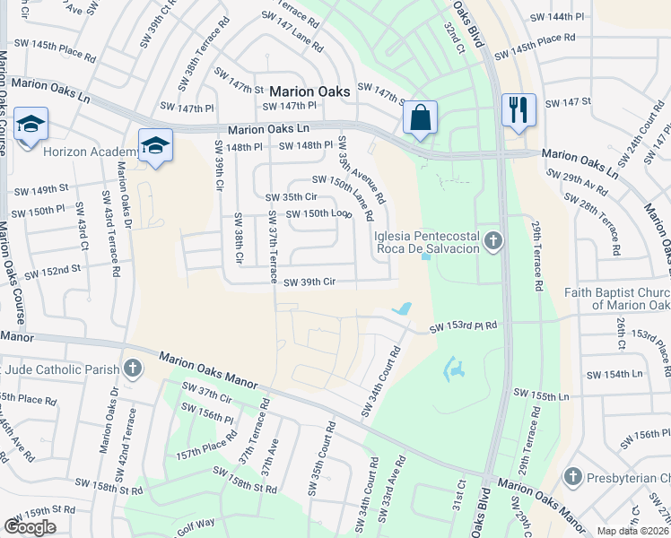 map of restaurants, bars, coffee shops, grocery stores, and more near 15162 Southwest 38th Circle in Ocala